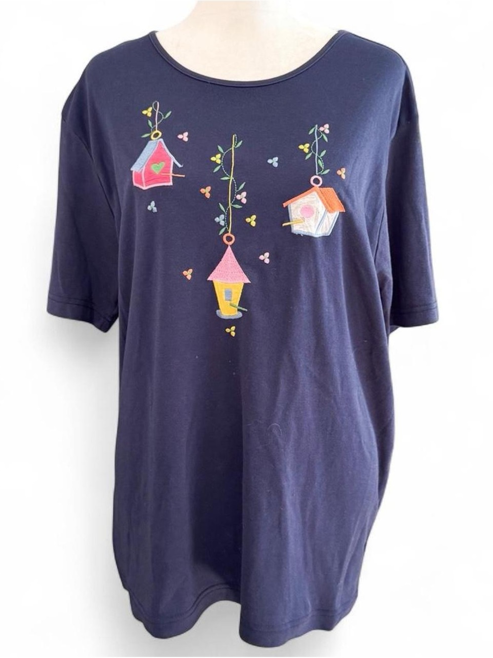 Vintage 90s Cabin Creek Embroidered Birdhouse T-Shirt Navy Blue XL